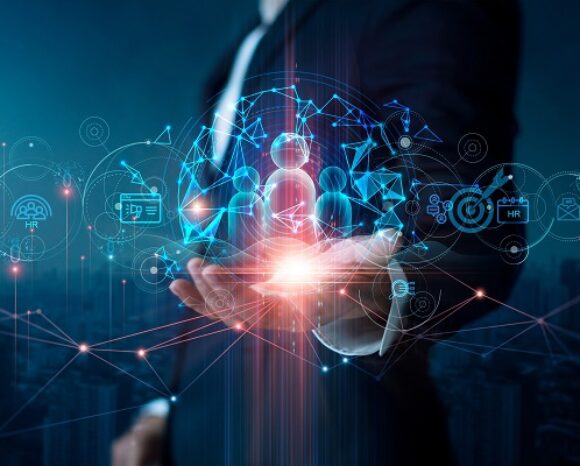 Businessman hold Human Resources on global structure network and Management recruitment employment.