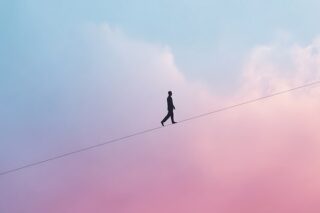 Mensch balanciert vor rosa-blauem Himmel über Seil