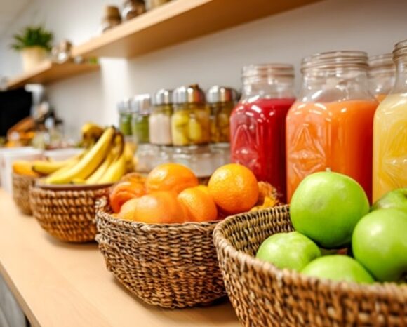 Obstkörbe und Säfte in Büroküche