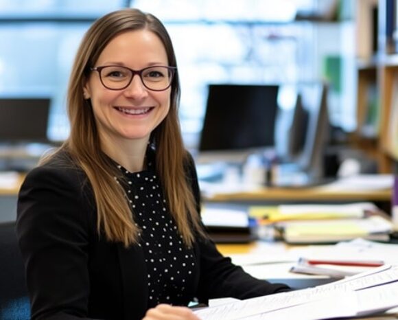 Frau arbeitet im öffentlichen Dienst im Büro am Schreibtisch