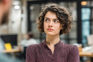 Frau schaut skeptisch zur Seite