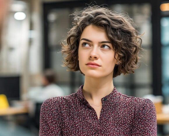 Frau schaut skeptisch zur Seite