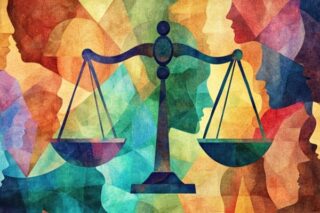Eine Waage vor buntem Hintergrund aus Gesichtern. Die Waage steht für Entgeltgleichheit.