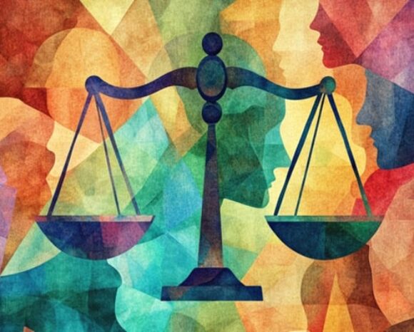 Eine Waage vor buntem Hintergrund aus Gesichtern. Die Waage steht für Entgeltgleichheit.