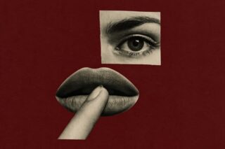 Auge und Mund vor rotem Hintergrund. Auf dem Mund liegt ein Finger, der Schweigen symbolisieren soll.