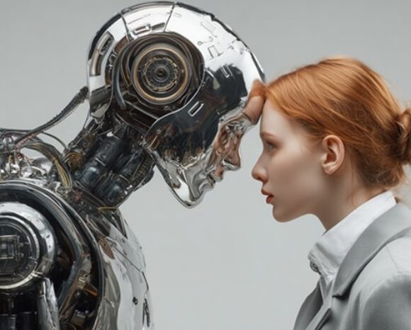 Roboter und rothaarige Frau neigen Köpfe zueinander