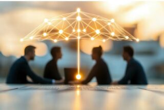 Mitarbeiter unterhalten sich und über ihnen beschützt sie ein Schirm des Vertrauens