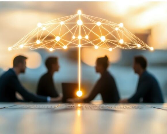 Mitarbeiter unterhalten sich und über ihnen beschützt sie ein Schirm des Vertrauens