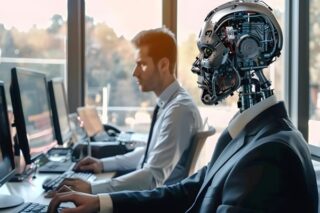 Roboter sitzt neben Mitarbeitendem und arbeitet am Laptop