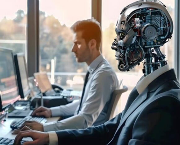 Roboter sitzt neben Mitarbeitendem und arbeitet am Laptop