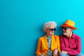 Ein fröhliches Rentner-Paar sitzt nebeneinander und lächelt.