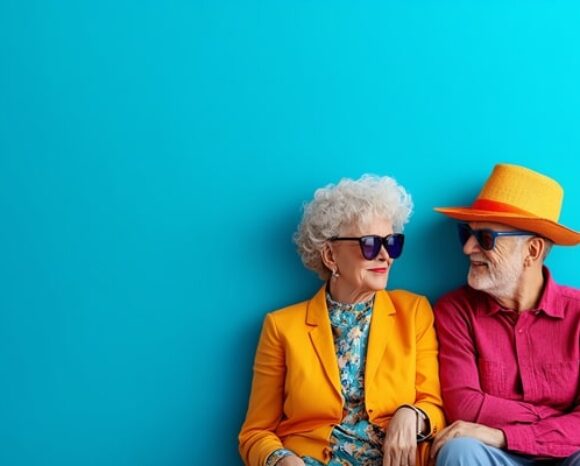 Ein fröhliches Rentner-Paar sitzt nebeneinander und lächelt.