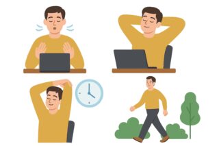 Mann geht spazieren und macht Dehnübungen, um sich anschließend bei der Arbeit wieder besser konzentrieren zu können.