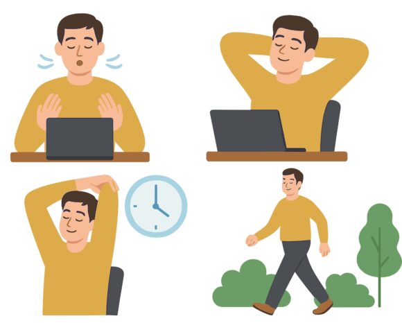 Mann geht spazieren und macht Dehnübungen, um sich anschließend bei der Arbeit wieder besser konzentrieren zu können.