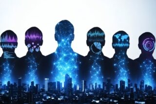 Menschen als diffuse Gestalten über einer dunklen Stadt