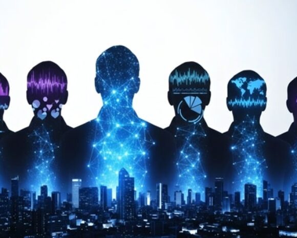 Menschen als diffuse Gestalten über einer dunklen Stadt