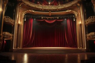 Große Theaterbühne in gold mit dunkelrotem Vorhang