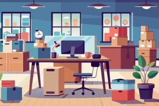 Büro im Betriebsübergang mit Umzugskartons