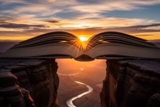 Aufgeschlagenes Buch fungiert als Brücke über einen Fluß