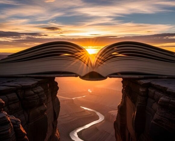 Aufgeschlagenes Buch fungiert als Brücke über einen Fluß