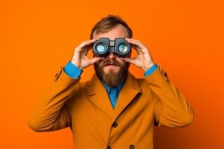 Mann in orangenem Anzug und blauem Hemd schaut durch Fernglas vor orangenem Hintergrund