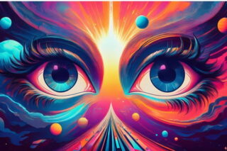 Augenpaar vor buntem Himmel