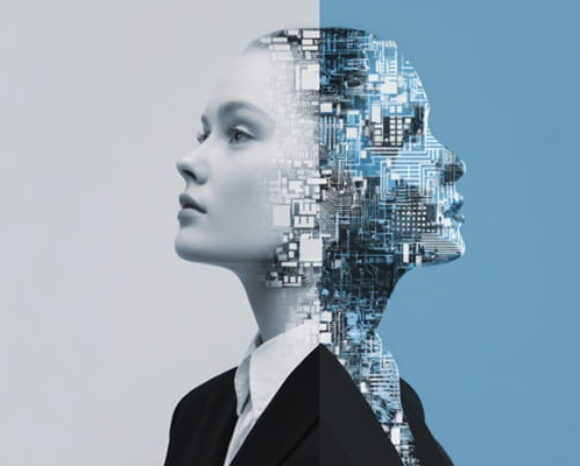 Figur mit zwei Gesichtern, eins menschlich, eins roboter-/KI-ähnlich