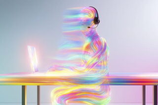 AI Agent in bunten verschwommenen Farben arbeitet mit Headset am Laptop