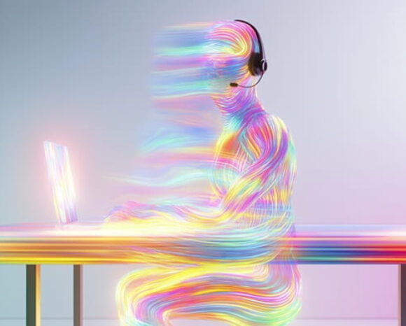 AI Agent in bunten verschwommenen Farben arbeitet mit Headset am Laptop