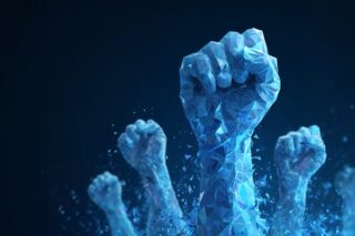 Digitale Fäuste werden in den Himmel gestreckt und symbolisieren Revolution