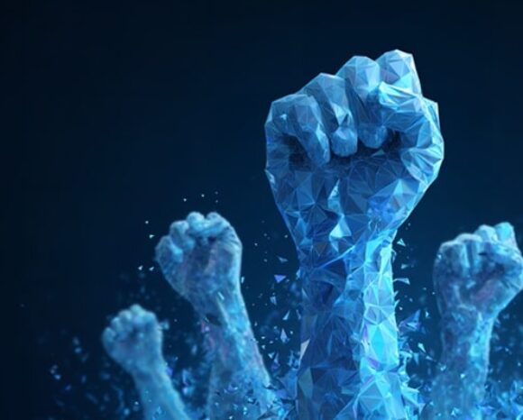Digitale Fäuste werden in den Himmel gestreckt und symbolisieren Revolution