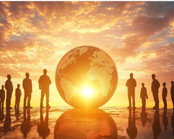 Ausländische Fachkräfte stehen um einen hell beleuchteten Globus herum