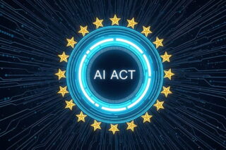 AI Act in einem blauen Kreis mit gelben Sternen auf schwarzem Hintergrund