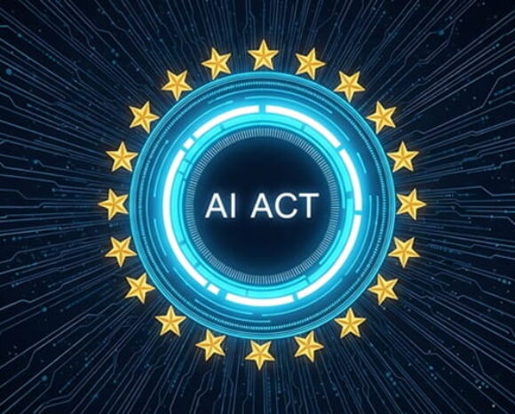 AI Act in einem blauen Kreis mit gelben Sternen auf schwarzem Hintergrund
