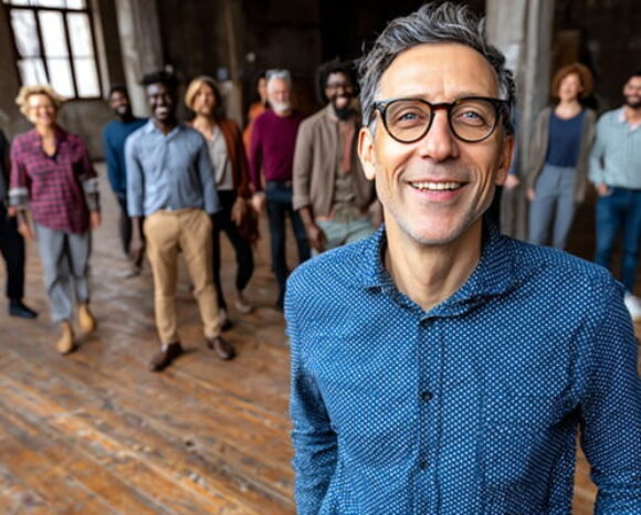 Lachender Mann steht vor seinen Mitarbeitenden und symbolisiert positive Führung