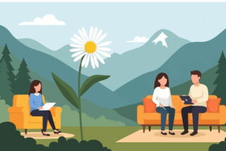 Ein Mann und zwei Frauen haben ein Meeting im Freien vor einer Bergkulisse