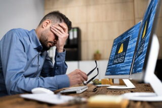 Mann hat einen Sicherheitsvorfall durch einen Cyberangriff begangen und legt verzweifelt das Gesicht in seine Hand