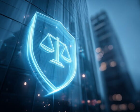 Digitales Logo der Rechtssicherheit an der Fassade eines hohen Gebäudes