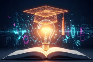 Lernen der Zukunft: Glühbirne über einem Buch