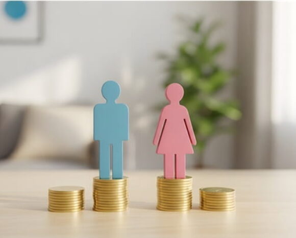 Equal Pay Day - Frau und Mann stehen auf Geldmünzen nebeneinander