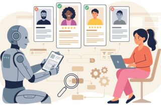 Frau und Roboter im Bewerbungsverfahren