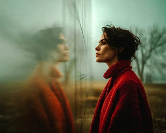 Frau schaut auf Glaswand