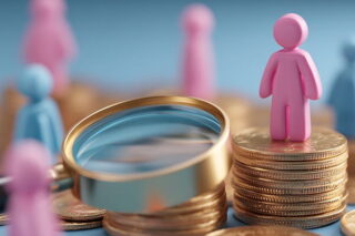 Blaue und rosafarbene Männchen stehen auf Münzen neben einer Lupe