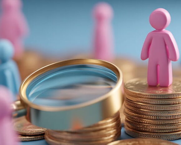 Blaue und rosafarbene Männchen stehen auf Münzen neben einer Lupe