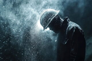 Arbeiter mit Helm steht im Dunkeln im Regen