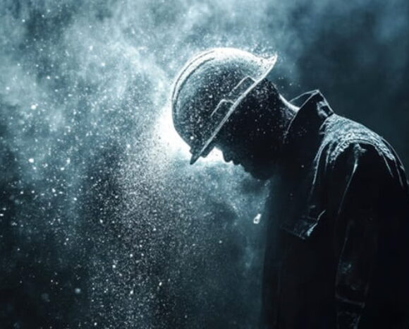 Arbeiter mit Helm steht im Dunkeln im Regen