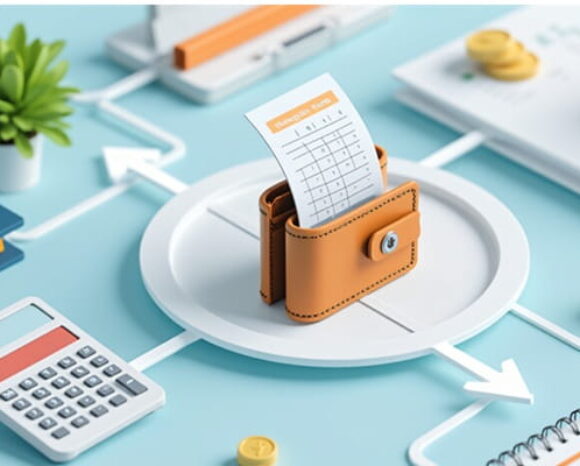 Vergütung im Mittelpunkt in Form einer Geldbörse, neben Taschenrechner und Notizblöcken