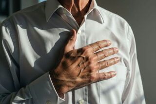 Mann im weißen Hemd hält sich Hand ans Herz