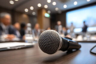 Mikrofon liegt auf dem Tisch des Moderators einer Veranstaltung