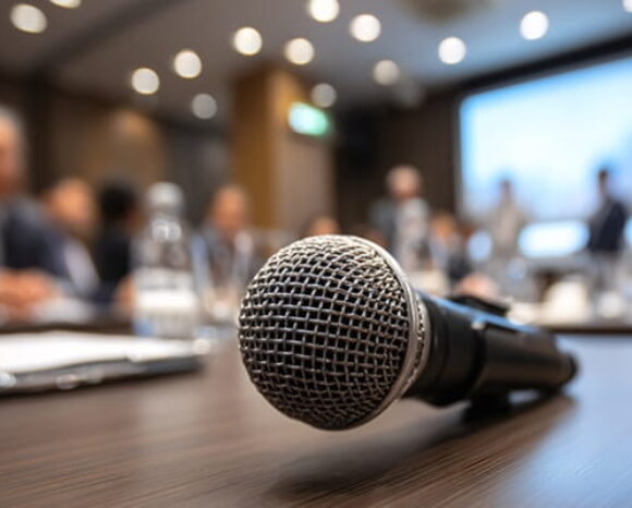 Mikrofon liegt auf dem Tisch des Moderators einer Veranstaltung